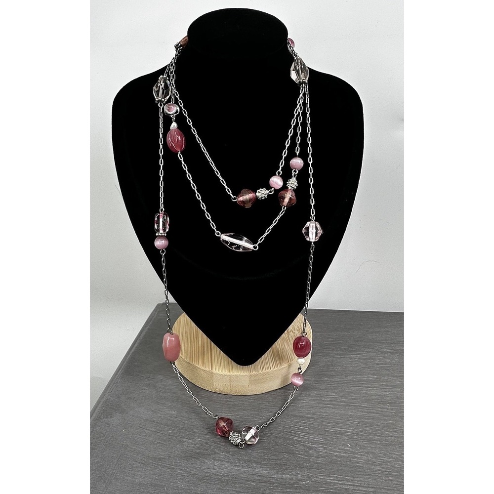 Lia Sophia Necklace Pink Glass Beaded Stations 50" Length Silver Tone